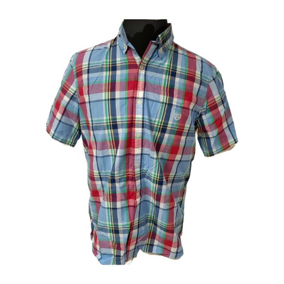 Chaps Easy Care Mens Large blue Plaid Short Sleeve Button Up Shirt - Picture 1 of 12